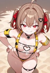 2025 ai_generated alternate_version_available belly blush breasts brown_hair choker cosplay crossover elegg_(nikke)_(cosplay) evil_neuro evya_171 eyebrows eyebrows_visible_through_hair eyelashes flesh_fang goddess_of_victory:_nikke hands_on_hips hands_on_own_hips hourglass_figure looking_at_viewer medium_breasts navel red_eyes sling_bikini slingshot_bikini slingshot_swimsuit standing thick_thighs thigh_strap thighs twintails vedal_ai wide_hips yellow_sling_bikini yellow_slingshot_swimsuit