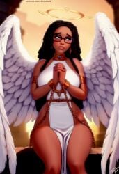 ai_generated angel angel_wings chained cute cute_face dark-skinned_female dark_skin dreadlocks eternal_oak glasses goddess halo hands_clasped hands_together holy innocence innocent librarian love praying revealing_clothes thick_thighs white_wings wings