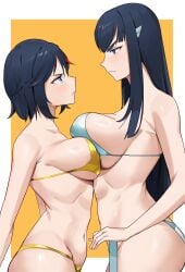 2girls bikini breast breast_press breasts breasts_pressed_against_partner breasts_pressed_together catfight comparing competitive gold_bikini golden_bikini huge_breasts incest kill_la_kill kiryuuin_satsuki long_hair looking_at_another looking_at_partner matoi_ryuuko older_sister sibling_incest siblings silver_bikini sister sister_and_sister sisters stare staredown t-lex tomboy younger_sister