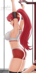1girls ass clothed_female cslucaris exercise green_eyes gym_clothes gym_shorts gym_uniform ponytail pull_up_bar pyrrha_nikos red_hair red_hair_female rwby solo_female sweaty_body