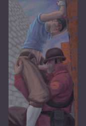 2boys age_difference artist_request blowjob cap dog_tags erection facial_hair fellatio fully_clothed helmet knee_pants kneesocks leaning_against_wall male male_only multiple_males older_man_and_younger_boy pants_open penis_out rebbacus scout sniper_(team_fortress_2) soldier sucking tagme team_fortress_2 valve yaoi