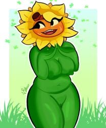 areola belly big_breasts bodily_fluids breasts electronic_arts elemental_creature elemental_humanoid eyelashes eyewear eyewear_on_head eyewear_only female flora_fauna flower flower_creature flower_humanoid freckled_face freckles goggles goggles_on_head goggles_only gradient_background grass green_body hands_together hi_res humanoid leaf legs_together looking_away navel nipples nude open_mouth outline petal_hair petals plant plant_humanoid plants_vs._zombies plants_vs._zombies_heroes popcap_games signature simple_background smile solar_flare_(pvz) solo solo_focus sstarr sunflower_(pvz) sweat sweatdrop teeth_showing thick_thighs