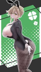 1girls ade_(agent_bunny)_(nikke) ade_(nikke) artist_request ass black_legwear blonde_hair blush breasts breasts_out bunny_ears bunny_girl bunny_tail bunnysuit covering_breasts earpiece eyebrows_visible_through_hair female_only fishnet_legwear fishnets gloves goddess_of_victory:_nikke green_eyes hair_intakes highres huge_breasts jacket light-skinned_female light_skin looking_at_viewer necktie necktie_between_breasts official_alternate_costume open_jacket sideboob suit_jacket sweat white_gloves