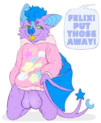 2_tails absurd_res anthro balls bat big_balls clothing fur genitals green_eyes hair hi_res male mammal multi_tail purple_body rookspirit solo speech_bubble sweater tail text tongue tongue_out topwear wings wings_instead_of_hands