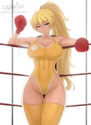 1girls abs blonde_female blonde_hair boxing_gloves boxing_ring cleavage cslucaris leotard ponytail purple_eyes rwby solo_female sweaty_body yang_xiao_long yellow_leotard