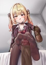 1boy absurdres black_choker blonde_hair blush bow bowtie brown_jacket censored choker female footjob footjob_with_legwear highres hoshikawa_sara indoors jacket looking_at_viewer lts_kakuyo mixed-language_commentary mosaic_censoring nail_polish nijisanji no_shoes open_mouth penis purple_vest red_bow red_bowtie red_eyes red_nails school_uniform shirt sitting smile soles solo_focus twintails vest white_shirt