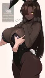 bangs bangs_over_one_eye blush breasts brown_hair bunny_ears bunnygirl bunnysuit dark-skinned_female dark_skin floating_hands large_breasts limbus_company long_hair looking_away m_ayonessa pouting project_moon tremble_spikes yellow_eyes zilu_(limbus_company)