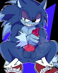 animal_genitalia animal_penis anthro balls big_penis black_nose blue_body blue_fur bodily_fluids canine_genitalia canine_penis clothing erection eulipotyphlan footwear fur genital_fluids genitals grey_body grey_fur gripping_penis hi_res knot leaking_precum limusthespicy looking_at_viewer male mammal masturbation nude penile penile_masturbation penis precum red_clothing red_footwear red_penis red_shoes sega sharp_teeth shoes simple_background sitting solo sonic_the_hedgehog sonic_the_hedgehog_(series) sonic_the_werehog sonic_unleashed teeth werecreature wereeulipotyphlan werehog