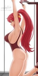 1girls ass clothed_female cslucaris green_eyes leotard ponytail pull_up_bar pyrrha_nikos red_hair red_hair_female red_leotard rwby sideboob solo_female sweaty_body