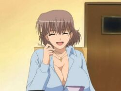 1girls animated breasts chair chopsticks cleavage closed_eyes closed_eyes_smile clothed_female dressing female_only huge_breasts laughing open_mouth open_mouth_smile oppai_life ova smile vanilla_(studio) yukishiro_ayane