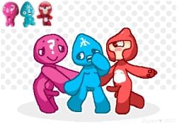 arm_grab armor belly bipan blue_body blue_eyes blush blush_lines breasts covering covering_mouth cyclops digital_media_(artwork) dotted_background erection female genitals gogo_(species) gogos_crazy_bones group headgear heart_eyes heart_symbol helly_(gogos_crazy_bones) helmet humanoid inviting inviting_to_sex japanese_text male male/female male/male mc-toy_(gogos_crazy_bones) mouthless okori_(gogos_crazy_bones) on_one_leg open_mouth pattern_background penis pink_body pink_eyes question_mark raised_leg red_body red_eyes simple_background small_breasts smile standing text trio vulva waist_grab white_background white_belly