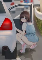 ass blue_dress blue_eyes blush brown_hair car commentary_request dress embarrassed female full_body hair_ornament hairclip highres kanekan looking_at_viewer looking_back medium_hair motor_vehicle nose_blush open_door open_mouth original panties panty_pull parted_bangs pee_puddle peeing pinafore_dress pink_shoes polka_dot polka_dot_dress polka_dot_panties public_indecency public_urination road shirt shoes short_dress short_sleeves sleeveless sleeveless_dress socks solo squatting straight_hair sweatdrop underwear urine white_panties white_shirt white_socks