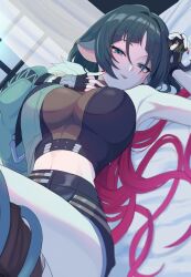 animal_ears black_shorts breasts cleavage female green_jacket high-waist_shorts highres jacket jane_doe_(zenless_zone_zero) lying mouse_ears mouse_girl on_back red_hair red_nails ruaruayana shorts solo tongue tongue_out zenless_zone_zero