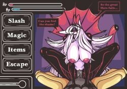 aliasing anthro anthro_on_anthro armor big_breasts binary_drawing bodily_fluids breasts clothed clothing cowgirl_position defeat_sex dialogue digital_drawing_(artwork) digital_media_(artwork) dominant dominant_female duo female female_on_top first_person_view from_front_position fur gameplay_mechanics genitals grey_body grey_fur gui hair hanging_breasts health_bar long_hair looking_at_viewer male male/female mammal markings mole_(marking) nipples on_bottom on_top penetration penile penile_penetration penis_in_vagina ponporio rape red_eyes reverse_rape sex smug smug_expression smug_face smug_grin speech_bubble vaginal_penetration vulva white_body white_fur white_hair