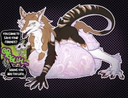 after_vore anthro anthro_pred atrophene belly big_belly bodily_noises bone bone_imprints bones_in_stomach brown_body claws death digestion digestion_noises english_text fatal_vore fur hair hi_res imprint looking_at_viewer luthais male male_pred mammal nude onomatopoeia open_mouth rumbling_stomach sergal simple_background skull skull_imprint sound_effects speech_bubble stomach_bulge tail teeth text vore white_body white_fur