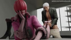 1girls animated between_legs big_breasts boob_window boots busty busty_female curvy curvy_female dress erection feet female female_focus fishnets high_heels jacket king_of_fighters large_breasts light-skinned_female light_skin long_hair red_hair shermie_(kof)