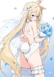 alternate_costume animal_ears ass back bangs bare_shoulders blonde_hair blue_eyes blush bouquet bow breasts bridal_veil bunny_ears bunny_tail closed_mouth cowboy_shot eyebrows_visible_through_hair female fishnets flower from_behind gloves hair_between_eyes hair_ornament hairband holding holding_bouquet leotard long_hair looking_at_viewer looking_back petals rose solo standing strapless strapless_leotard tail thighhighs veil very_long_hair vyugen wedding_dress white_bow white_flower white_gloves white_hairband white_legwear white_ribbon yenko yenkoes