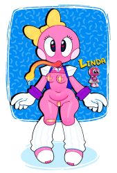 absurd_res anthro band-aid band-aid_on_genitals band-aid_on_knee band-aid_on_leg band-aid_on_nipple band-aid_on_pussy bandage black_eyes blue_background bodily_fluids breasts chameleon chameleon_twist clothing eyelashes female footwear front_view gloves handwear heart_eyes heart_symbol hi_res knee_highs knee_socks legwear linda_(chameleon_twist) lizard long_tongue looking_at_viewer navel pasties pink_body reptile rosy_cheeks saliva scalie simple_background small_breasts socks solo somescrub text thick_thighs tongue tongue_out white_background white_clothing white_footwear white_gloves white_handwear white_socks wide_hips yellow_bow