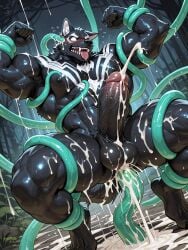 1boy ai_art ai_generated arms_up bara big_balls big_muscles black black_body blush bound canid canine clenched_hands cum cum_everywhere cum_on_body cumdrip embarrassed excessive_cum front_view fur fusion gay goonerism huge_muscles inner_ear_fluff male marvel marvel_rivals muscular_male nervous nervous_sweat open_mouth pecs restrained saggy_balls sharp_teeth solo squatting sweat tentacle tentacle_in_ass thick_thighs tongue_out veiny_muscles veiny_penis venom venom_(marvel) wolf wolf_ears
