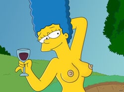 blue_hair breasts closed_mouth color cup curly_hair ears exposed_breasts eyes female female_only front_view hair human long_hair looking_at_viewer marge_simpson mouth nipples nudity open_eyes outdoors round_ears skin solo the_simpsons wine wine_glass wvs yellow_skin