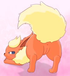 2014 3sthrees abstract_background anus blush bow canine eeveelution female feral flareon fur half-closed_eyes mammal nintendo open_mouth pokemon presenting pussy raised_tail solo tongue tongue_out video_games