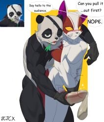 2boys abs absurdres agent_patch_(fortnite) animal_ears arm_around_shoulder artist_name bare_pectorals biceps black_gloves blush bound bound_wrists cat_boy cat_ears collarbone condom cum english_commentary english_text erection fangs fortnite furry furry_male gloves handjob highres lemontree_(cxcxxcxxxx) looking_at_viewer mouth_hold multiple_boys muscular muscular_male nyanja_(fortnite) one_eye_closed open_mouth panda_boy panda_ears pectorals penis reference_inset sparkle speech_bubble stalk_in_mouth stomach_bulge sweatdrop used_condom whiskers