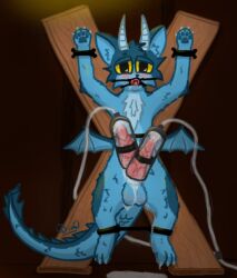 animal_genitalia anthro ball_gag balls balls_blush blue_body blue_fur blue_scales blush bodily_fluids body_blush bondage bondage_furniture bound chest_tuft claws cuff_(restraint) cum cum_drip cum_pool dimetil dragon dripping erection felid feline fluffy fur gag genital_fluids genitals hi_res horn hybrid knot knotted_penis leaking_cum machine male mammal membrane_(anatomy) membranous_wings milking_machine multi_genitalia multi_sheath mythological_creature mythological_scalie mythology penile penis penis_milking restraints saliva scales scalie shaded shaking sheath signature simple_shading solo squirming submissive submissive_male tuft wings yellow_eyes