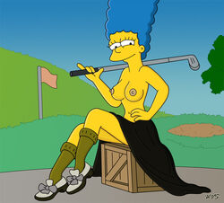 blue_hair breasts closed_mouth clothing color crate curly_hair ears exposed_breasts eyes female female_only flag golf_club golf_course hair human long_hair looking_at_viewer marge_simpson mouth nipples open_eyes outdoors round_ears shoes sitting skin socks solo the_simpsons topless wvs yellow_skin