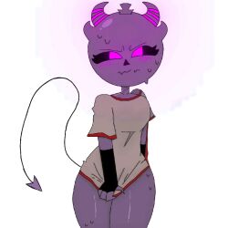 1girls 2d angry_expression angry_face artist_request bald bald_female beige_clothes beige_clothing beige_shirt big_breasts big_chest big_hips big_thighs black_boxers black_bra black_gloves black_sclera blush blush_lines blushing_at_viewer boxers bra bright_eyes bright_pupils character_request clothing copyright_request covering_privates covering_pussy demon demon_girl demon_horns demon_tail eyesbrows female fingerless_gloves heavy_ass horns looking_at_viewer monster_girl nervous_expression nervous_face no_hair no_pants pantless pov pulling_on_clothes pulling_own_clothes purple_blush purple_eyes purple_eyes_female purple_iris purple_skin red_clothes scar scar_on_neck shaded sharp_fingers shining_eyes slim_waist small_clothes small_clothing small_shirt small_waist sweat sweat_on_face sweat_on_thighs sweatdrop sweating sweaty_ass sweaty_body sweaty_butt sweaty_female sweaty_girl sweaty_thighs tabs tail thick_thighs white_background wrinkled_clothes young_female younger_female