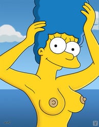 blue_hair breasts closed_mouth color curly_hair ears exposed_breasts eyes female female_only front_view hair human long_hair looking_at_viewer marge_simpson mouth nipples nudity open_eyes outdoors round_ears skin solo the_simpsons wvs yellow_skin