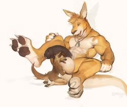 anthro balls darkgem fisting fur gay humanoid_penis hyena kangaroo male male/male male_only mammal marsupial nude penis precum size_difference solaxe uncut yaoi