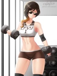 1girls brown_hair brown_hair_female clothed_female coco_adel cslucaris gym_clothes gym_shorts gym_uniform lifting_weights rwby solo_female sunglasses sweaty_body weightlifting weights