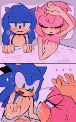 2koma after_sex amy_rose bed blanket blue_fur blue_hair blush completely_nude green_eyes happy humming lying medium_hair naughty_face nude on_bed pillow pink_fur pink_hair pupu_san01 romantic sega sex smile sonamy sonic_(series) sonic_the_hedgehog spiked_hair sweat sweatdrop sweaty
