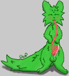 anthro autofellatio balls blush bodily_fluids chest_tuft closed_eyes cum cum_drip digitigrade dimetil dripping facial_markings feet fluffy fluffy_tail fur genital_fluids genitals green_body green_fur head_markings knot knotted_penis long_tongue male markings masturbation oral oral_masturbation penile penile_masturbation penis rain_world saint_(rain_world) sex shaded signature simple_background simple_shading slugcat solo tail tongue tongue_out tonguejob tuft videocult