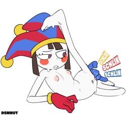 2025 blue_toenails brown_hair cartoon dsmnup feet female female_focus finger_fuck fingering flat_chest genital_fluids gloves hat highres jester_cap jester_girl legs medium_hair navel nipples pomni solo stomach the_amazing_digital_circus thighs toes vaginal_masturbation white_background white_skin