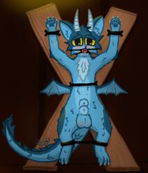 animal_genitalia anthro ball_gag balls balls_blush blue_body blue_fur blue_scales blush bodily_fluids body_blush bondage bondage_furniture bound chest_tuft claws cuff_(restraint) dimetil dragon felid feline fluffy fur gag genitals hi_res horn hybrid male mammal membrane_(anatomy) membranous_wings multi_genitalia multi_sheath mythological_creature mythological_scalie mythology restraints saliva scales scalie shaded sheath signature simple_shading solo tuft wings yellow_eyes