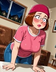 20th_century_fox 20th_century_studios ai_generated bangs beanie blue_pants blush breasts brown_hair clothing couch covered_navel denim eyewear family_guy female female_only glasses hand_on_table hat headwear indoors jeans jousneystudio large_breasts leaning_forward lips lipstick makeup mature_female meg_griffin night night_sky pants patreon pink_headwear pink_lips pink_shirt red_lips round_eyewear shirt short_hair short_sleeves sitting sky solo star_(sky) t-shirt table thick_lips trembling wide-eyed window