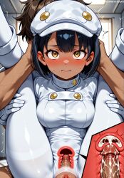 1boy aether_foundation_employee aether_foundation_employee_(female) ai_generated black_hair blush bodysuit breasts brown_eyes brown_hair cabbie_hat cervix closed_mouth clothed_sex clothing cross_section cum cum_in_pussy dark-skinned_female dark-skinned_male dark_skin deep_penetration ejaculation female folded full_nelson gloves hat headwear indoors internal_cumshot jousneystudio large_breasts legs_up looking_at_viewer male medium_breasts nakadashi nintendo pantyhose patreon penis pokemon pokemon_sm pussy semen sex short_hair solo_focus spread_legs straight sweat torn_clothes torn_pantyhose trembling uterus vagina vaginal_penetration veins white_gloves white_headwear white_pantyhose yellow_eyes