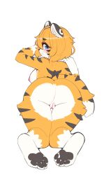 2021 4_toes anthro anus areola ass blush breasts digital_media embarrassed feet female female_anthro fur genitals hair hi_res jupiter_europe kemono looking_at_viewer looking_back looking_back_at_viewer mammal multicolored_body multicolored_fur nipples nude pantherine pawpads paws presenting presenting_hindquarters rear_view simple_background solo tail tiger toes vulva white_background