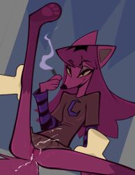 abstract_background after_sex anthro anus black_nose blush bodily_fluids bottomless bottomwear canid canine cigarette clothed clothing cum cum_in_vagina cum_inside cum_on_clothing cum_on_shirt cum_on_skirt digital_media_(artwork) disembodied_hand eyeliner female flat_chested fluffy fluffy_tail fox genital_fluids genitals hair hi_res holding_both_legs holding_cigarette holding_object leg_markings long_hair long_sleeves looking_at_viewer makeup mammal markings mostly_clothed mostly_clothed_anthro mostly_clothed_female nepeta_(wastelandia) pattern_clothing pattern_topwear pumpkincreampie raised_leg skirt smile smoking socks_(marking) solo spread_legs spreading striped_clothing striped_sleeves striped_topwear stripes tail topwear vulva wastelandia yellow_sclera