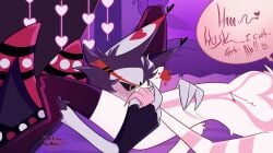 angel_dust_(hazbin_hotel) arachnid bed bedroom blush boots claw_marks clawed_fingers claws cuntboy feline femboy fluffy greying_hair hazbin_hotel holding_hands husk_(hazbin_hotel) intersex laying_down laying_on_back laying_on_bed looking_at_partner loving_gaze making_love on_knees oral oral_sex passionate spider vivienne_medrano vivziepop wholesome wholesome_sex wings