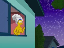 big_breasts blue_hair breasts collarbone completely_nude eyes_half_open gp375 looking_out_window marge_simpson night nipples nude shaded smile starry_sky the_simpsons towel_on_head tree window yellow_body yellow_skin