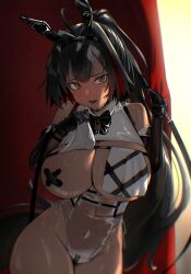 1girls absurd_res artist_request bay_(nikke) bay_(radiant_rabbit)_(nikke) black_gloves black_hair blush bowtie breasts breasts_out bunny_ears bunny_girl bunnysuit curtains dark-skinned_female dark_skin earpiece female_only goddess_of_victory:_nikke green_eyes hair_intakes huge_breasts leotard long_hair looking_at_viewer mole mole_on_breast mole_on_stomach mole_under_mouth navel official_alternate_costume open_mouth pasties ponytail sticker sticker_on_face thighs thighs_together translucent_clothing translucent_leotard two_tone_hair