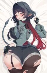 absurdres animal_ears ass asymmetrical_legwear black_gloves black_hair breasts dakimakura_(medium) female fingerless_gloves from_behind garter_straps gloves gradient_hair green_eyes grey_jacket highres jacket jane_doe_(zenless_zone_zero) looking_back multicolored_hair pantyhose red_hair red_nails ruaruayana single_leg_pantyhose single_thighhigh solo thighhighs torn_clothes torn_pantyhose zenless_zone_zero