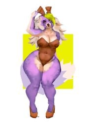 anthro areola big_breasts black_nose breasts brown_clothing brown_footwear brown_leotard brown_shoes bunny_costume canid canine canis cheek_tuft cleavage clothed clothing costume eyelashes facial_markings facial_tuft fake_ears fake_rabbit_ears female five_nights_at_freddy's five_nights_at_freddy's:_security_breach footwear front_view fur green_background green_highlights hair head_markings hi_res highlights_(coloring) leotard long_hair mammal markings nipples orange_eyes purple_body purple_fur roxanne_wolf scottgames shoes simple_background solo steel_wool_studios thatphatfox thick_thighs translucent translucent_clothing tuft white_background white_body white_fur white_hair wide_hips wolf