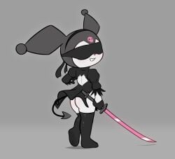 absurd_res anthro ass back_cutout black_clothing blindfold blush bone bottomless clothed clothing cosplay e254e female grin hi_res hoodie kuromi lagomorph legwear leporid mammal melee_weapon nier_automata onegai_my_melody platinumgames pose rabbit sanrio skimpy skull smile solo spade_tail stockings sword tail topwear weapon yorha_2b