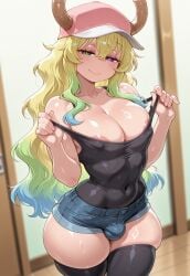 1boy 1femboy 2025 ai_generated alternate_version_available areola areola_slip benero black_legwear bulge cap crossdressing dragon_boy dragon_horns dragon_maid erect_nipples femboy feminine_male genderswap_(ftm) girly green_eyes heterochromia horns indoors jean_shorts kobayashi-san_chi_no_maidragon legwear long_hair looking_at_viewer lucoa lucoa_(maidragon) man_boobs man_breasts multicolored_hair nipples nipples_visible_through_clothing pectorals pink_cap purple_eye quetzalcoatl_(dragon_maid) rule_63 shorts thick_thighs thighs top topwear trap zettai_ryouiki