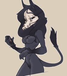2020 black_eyes black_fur black_hair black_nipples breasts cellphone female female_only katlek long_hair low_battery mal0 nipples phone scp-1471 scp_foundation skull skull_head thighs