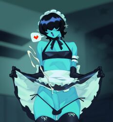 blinding_bangs blue_body blue_skin blushing bubsbomps chefbubs cum cumming deltarune femboy hands-free heart kris_(deltarune) lifting_shirt lipstick maid male nonbinary_(lore) squiggle twink