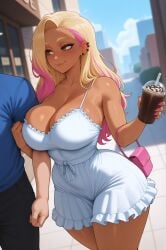 1boy 1boy1girl 1girls ai_generated big_breasts blonde_hair blush boobs breasts brown_eyes cleavage dark-skinned_female dark_skin date dress drink ear_piercing female hi_res highlights_(coloring) highres huge_breasts large_breasts long_hair male multicolored_hair nail_polish original original_character piercing pink_hair pink_nails rio_(stuffyai) smiling stuffyai thick_thighs thighs white_dress
